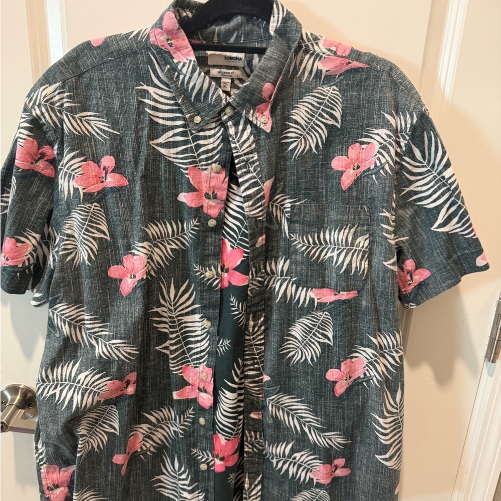 Men's Floral Button-Up Shirt - Pink and Green